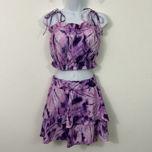 Show Me Your Mumu Size Small Two Piece Set Ruffle Skirt Crop Top Purple Tie Dye